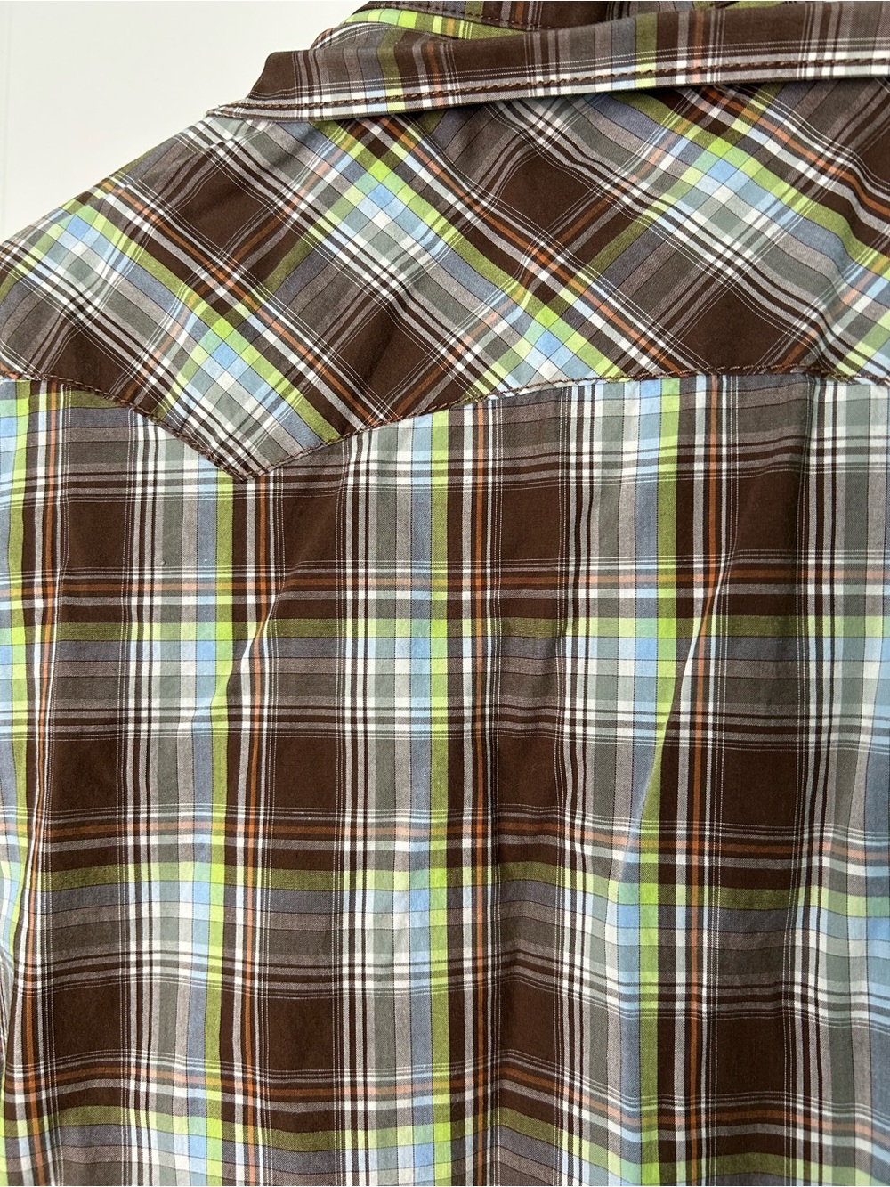 Wrangler Brown Plaid Button-Down Western Shirt with Green Accents Vintage 90s - Picture 6 of 8